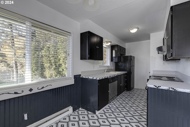 kitchen with sink, baseboard heating, stainless steel dishwasher, ventilation hood, and black refrigerator