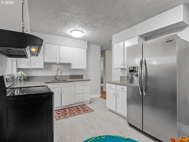 kitchen featuring stainless steel fridge with ice dispenser, range hood, black electric range, white cabinets, and a sink