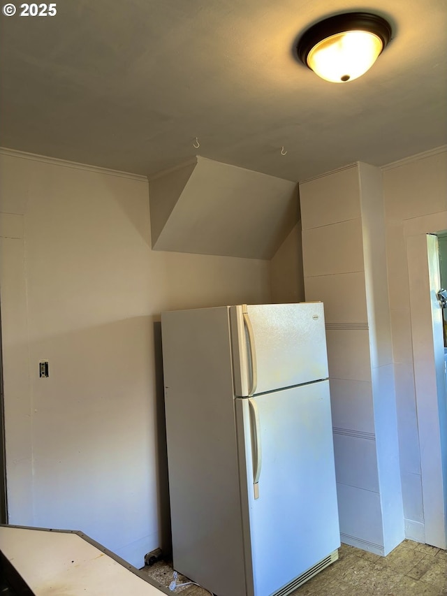 1074 Fir Ave, Reedsport, OR 97467 - kitchen with freestanding refrigerator and crown molding