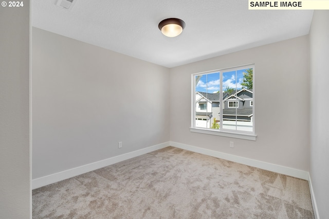 spare room featuring light carpet and a textured ceiling