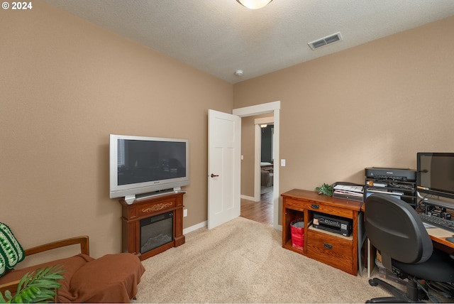 office with light colored carpet and a textured ceiling