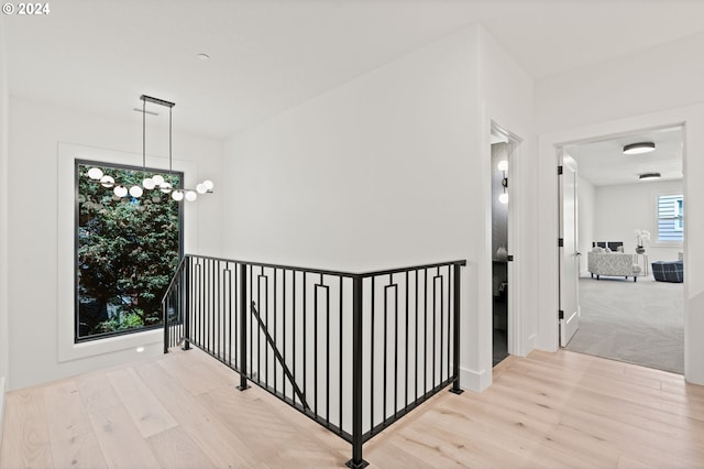 hallway with an inviting chandelier and light hardwood / wood-style flooring