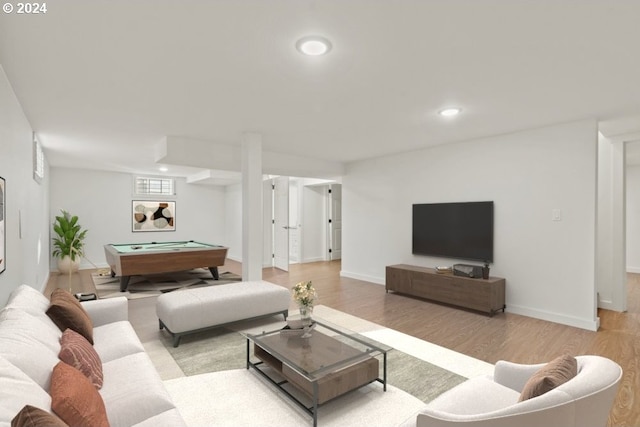 living room featuring billiards and light wood-type flooring