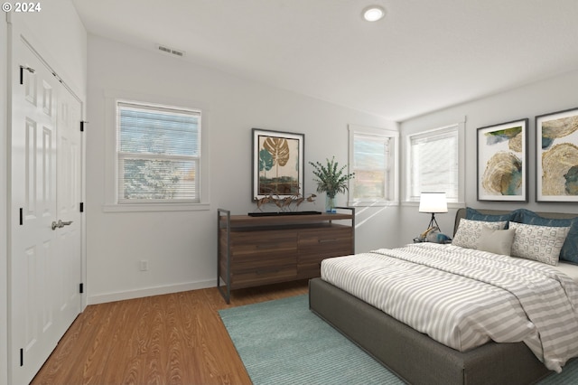 bedroom with multiple windows and hardwood / wood-style flooring