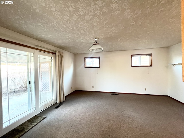 carpeted spare room featuring a wealth of natural light and a textured ceiling