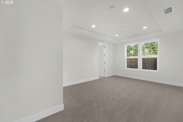 spare room with a tray ceiling and carpet flooring