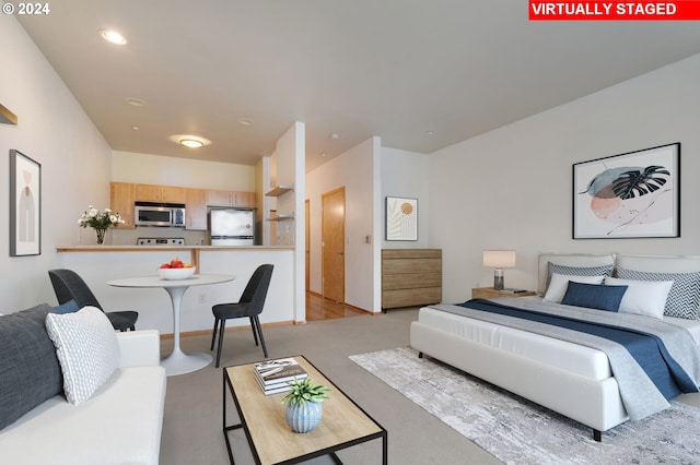 bedroom with white refrigerator