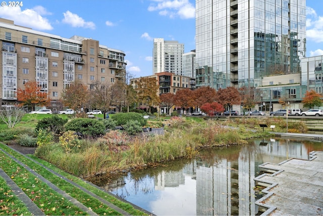 exterior space with a water view