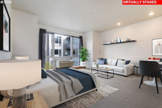 bedroom featuring light colored carpet