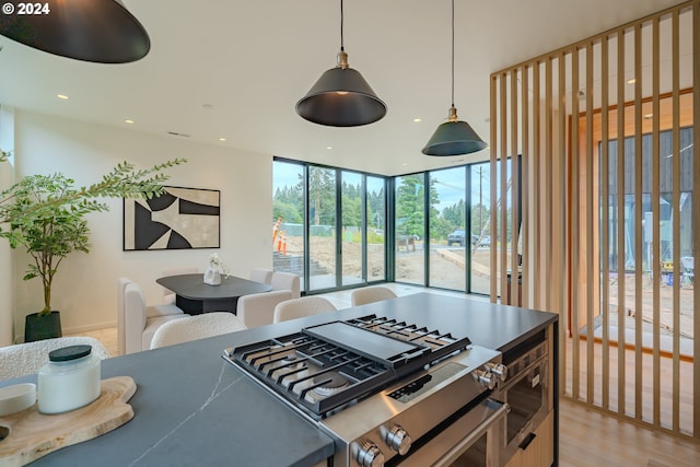 kitchen with pendant lighting, expansive windows, and light hardwood / wood-style floors