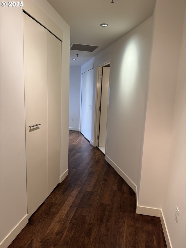 hallway with dark hardwood / wood-style flooring