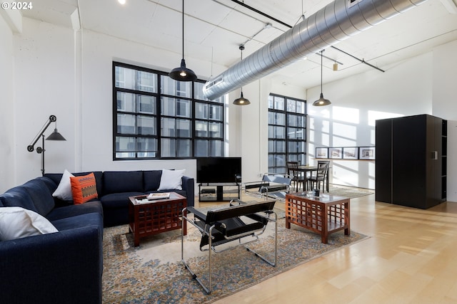 living room featuring hardwood / wood-style floors and a towering ceiling