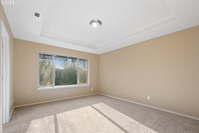 carpeted empty room with a tray ceiling