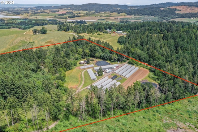 aerial view with a rural view and a wooded view