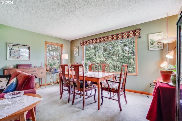 carpeted dining room with a textured ceiling