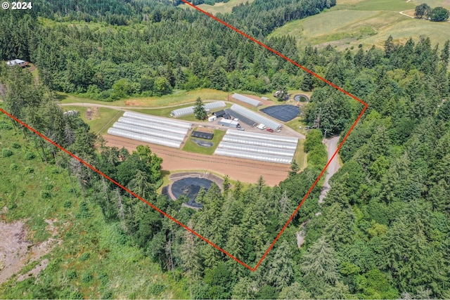 birds eye view of property featuring a forest view