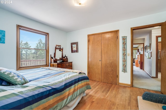 bedroom featuring a closet and light colored carpet