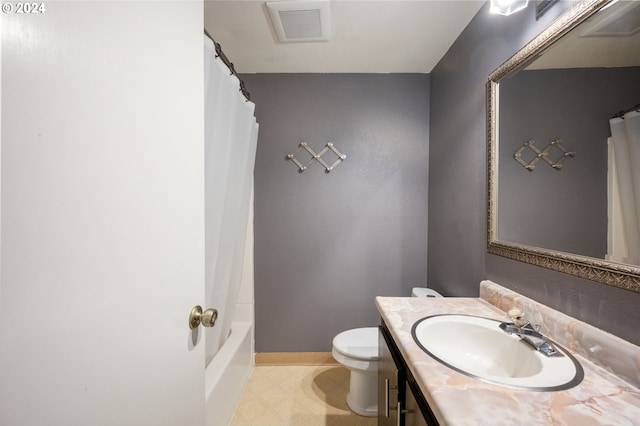 full bathroom featuring vanity, toilet, and shower / bathtub combination with curtain