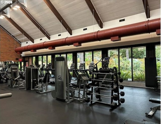 workout area featuring high vaulted ceiling