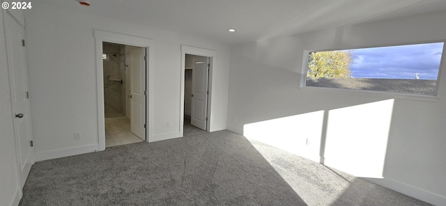 interior space featuring ensuite bathroom, a spacious closet, and light carpet