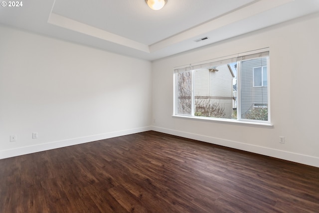 unfurnished room featuring a raised ceiling and dark wood-type flooring