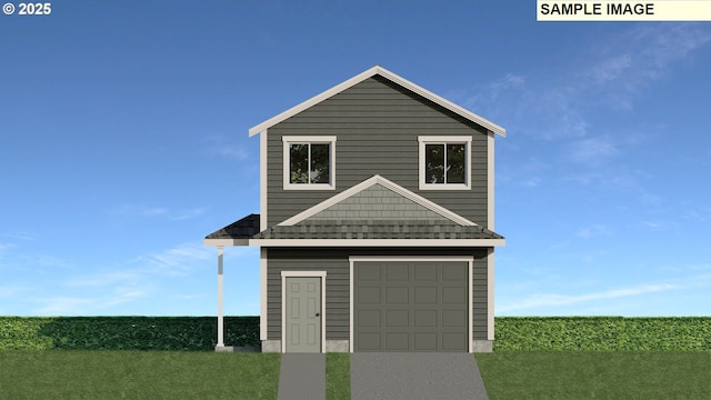 view of front of home featuring a garage and a front lawn