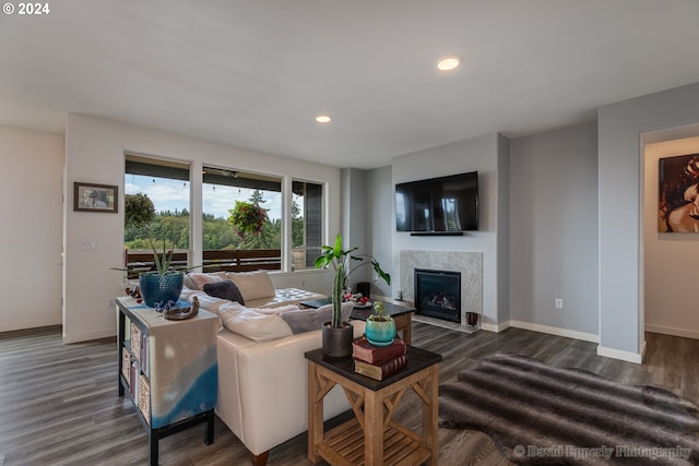 living room featuring a high end fireplace and dark hardwood / wood-style floors