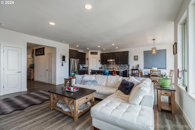 living room with dark hardwood / wood-style floors