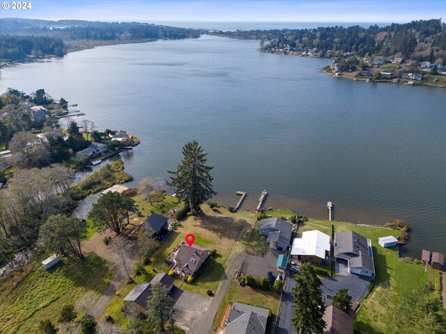 aerial view featuring a water view