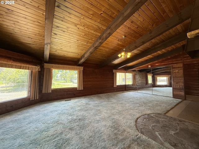 530 Riverside Dr, Burns, OR 97720 - unfurnished living room featuring wooden walls, wooden ceiling, and carpet floors