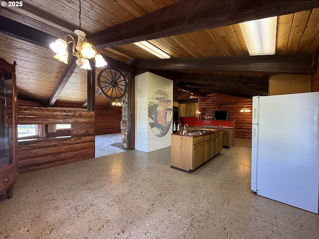 530 Riverside Dr, Burns, OR 97720 - kitchen featuring freestanding refrigerator, log walls, wooden ceiling, a chandelier, and dark countertops