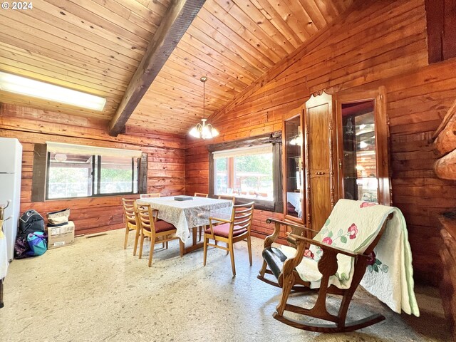 dining room with wood walls, wood ceiling, lofted ceiling with beams, and a chandelier