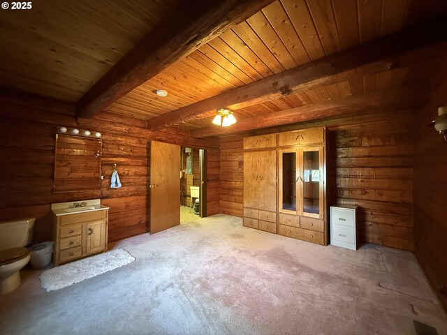 530 Riverside Dr, Burns, OR 97720 - unfurnished bedroom featuring carpet flooring, wooden ceiling with exposed beams, and wooden walls