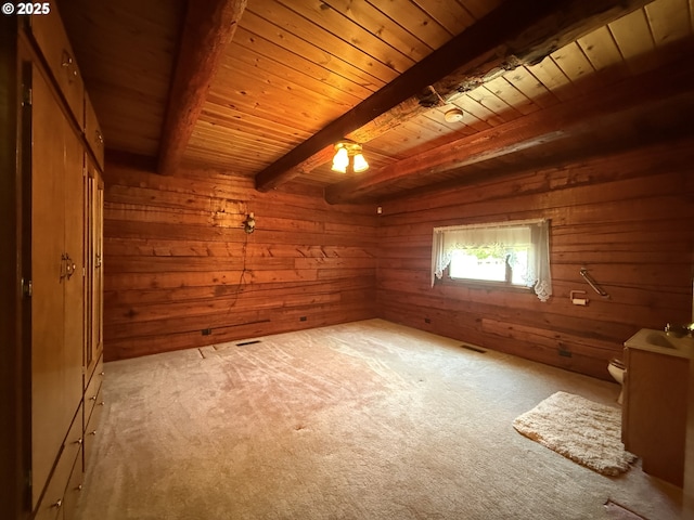530 Riverside Dr, Burns, OR 97720 - carpeted empty room with wooden ceiling with exposed beams, wooden walls, and a sink