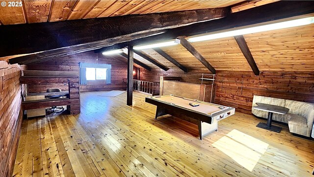 bedroom featuring light colored carpet, wood ceiling, wood walls, and beam ceiling