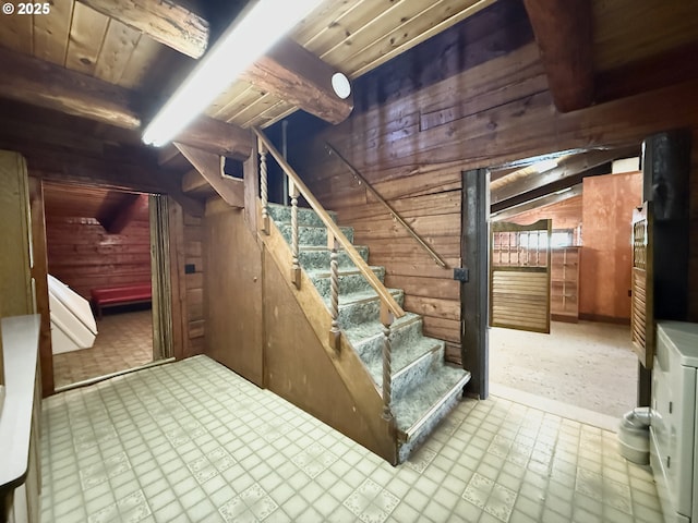 530 Riverside Dr, Burns, OR 97720 - staircase with wooden walls and wood ceiling with exposed beams