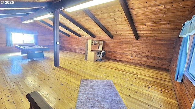530 Riverside Dr, Burns, OR 97720 - additional living space with wood walls, wood-type flooring, billiards, and wooden ceiling