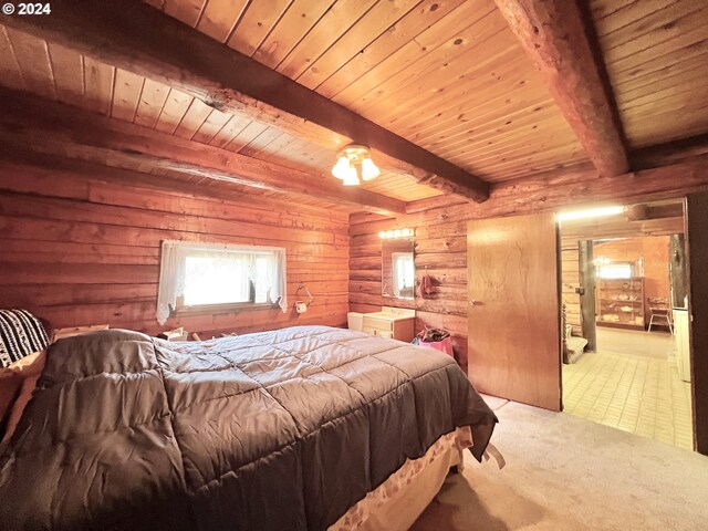 unfurnished bedroom with wooden walls, beam ceiling, and wooden ceiling