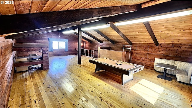 530 Riverside Dr, Burns, OR 97720 - rec room with wood walls, hardwood / wood-style flooring, wood ceiling, and pool table