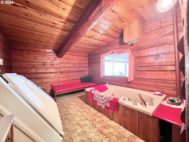 kitchen with wooden walls, beam ceiling, wooden ceiling, and sink