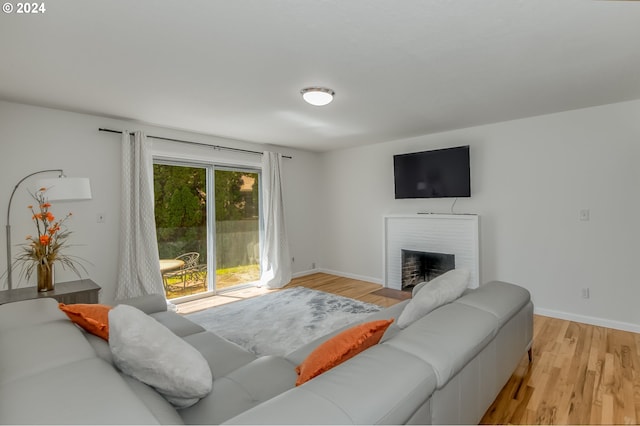 living room with light hardwood / wood-style floors and a fireplace