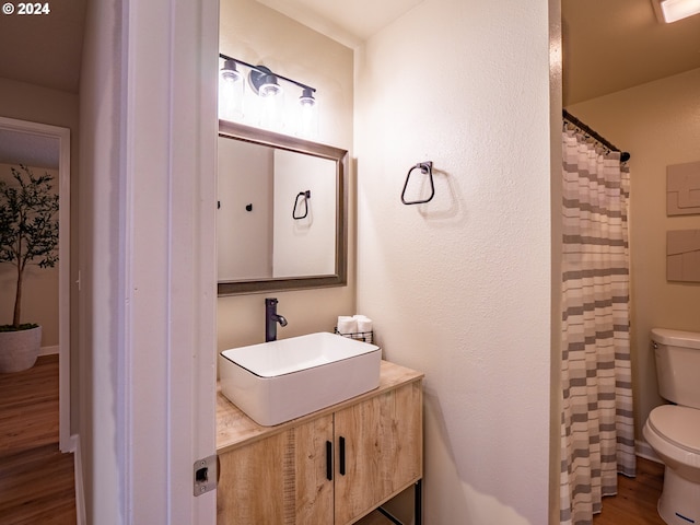 bathroom featuring toilet, wood-type flooring, and vanity