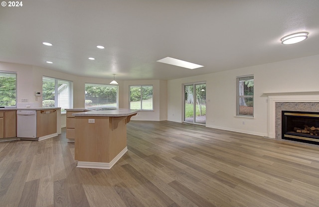 kitchen with a wealth of natural light, open floor plan, a fireplace, light wood finished floors, and dishwasher