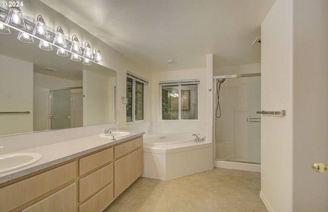 full bath featuring double vanity, a bath, a stall shower, and a sink