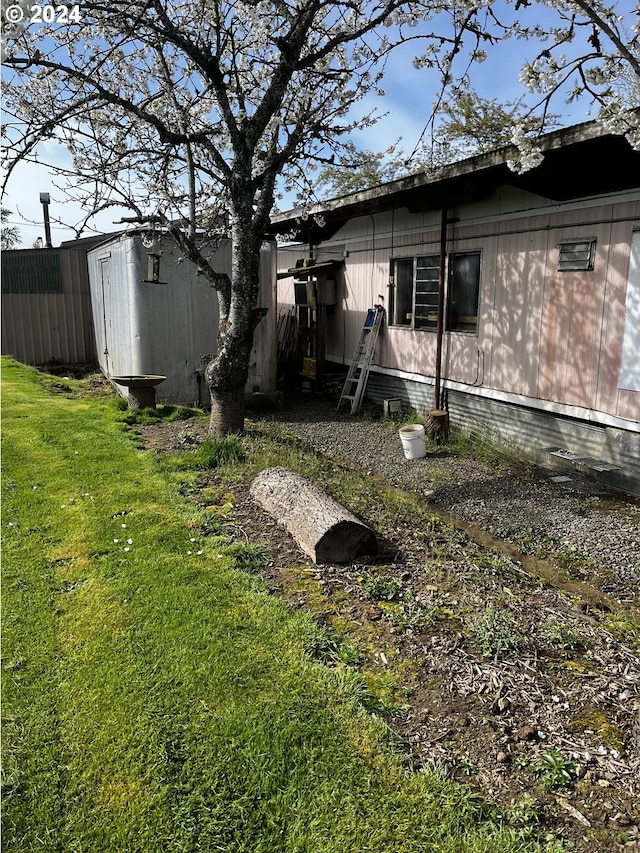 view of yard with a storage shed