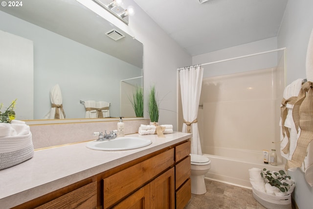 full bathroom with toilet, shower / tub combo, and vanity