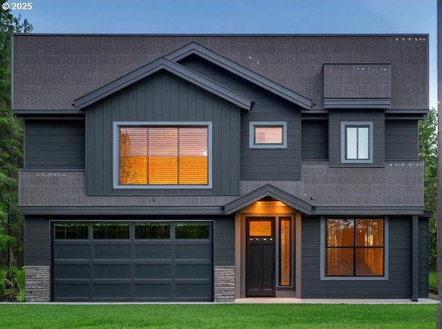 view of front of house with board and batten siding and stone siding