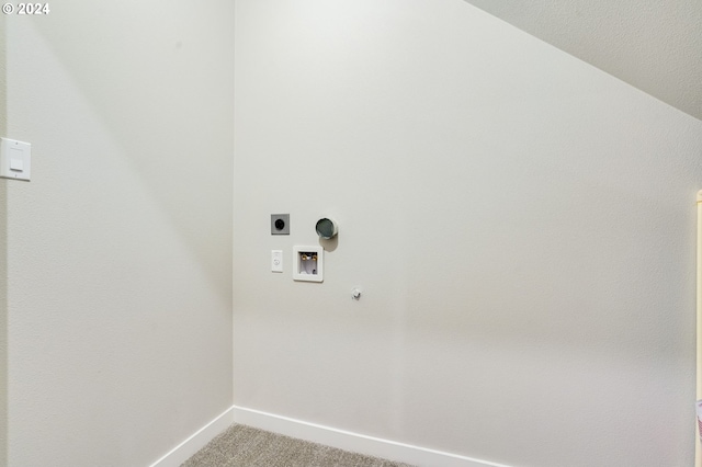 laundry room with washer hookup, hookup for an electric dryer, hookup for a gas dryer, and carpet floors