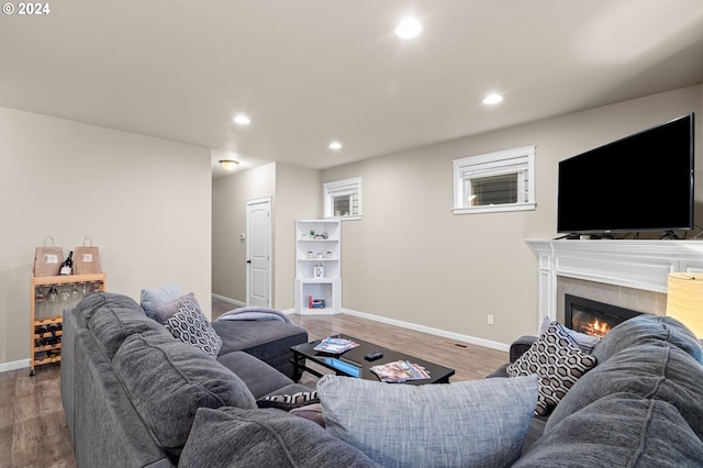 living room with a tile fireplace and wood-type flooring