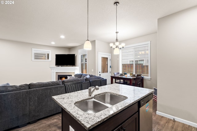 kitchen with dark hardwood / wood-style flooring, stainless steel dishwasher, sink, decorative light fixtures, and an island with sink